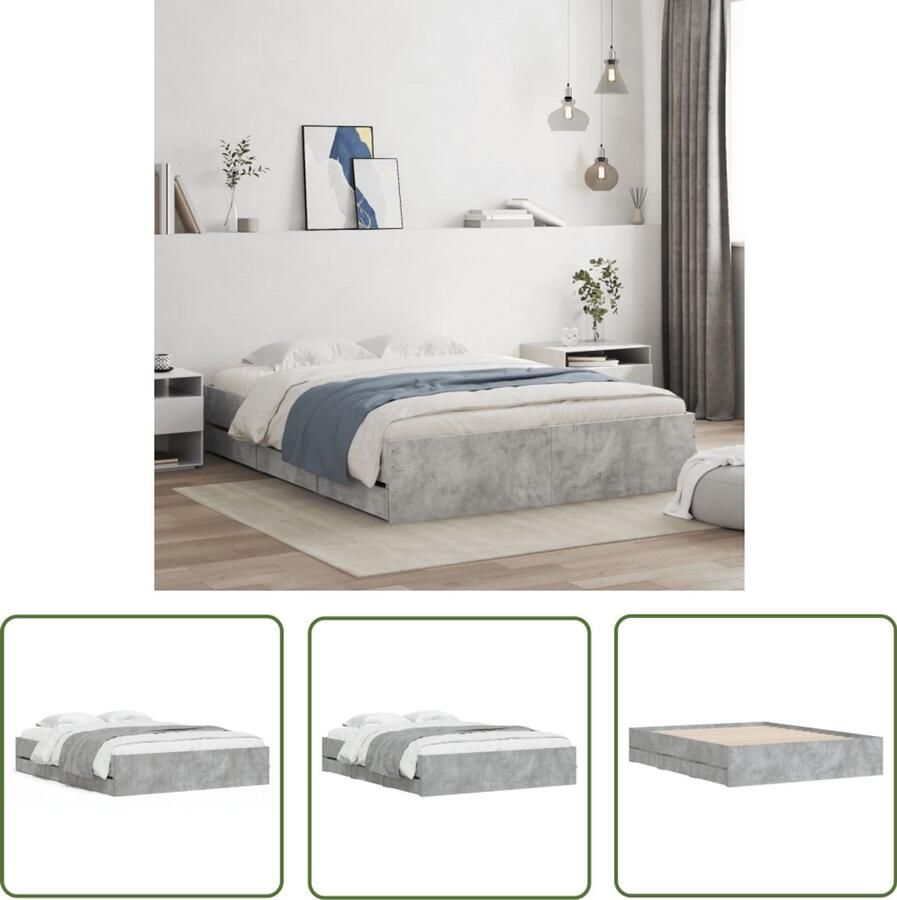 VidaXL Betonnen Grijs Slaapkamersdecoratie Bedframe met lades bewerkt hout betongrijs 140x200 cm Houten Bedframe Bedlade Opslagmogelijkheid