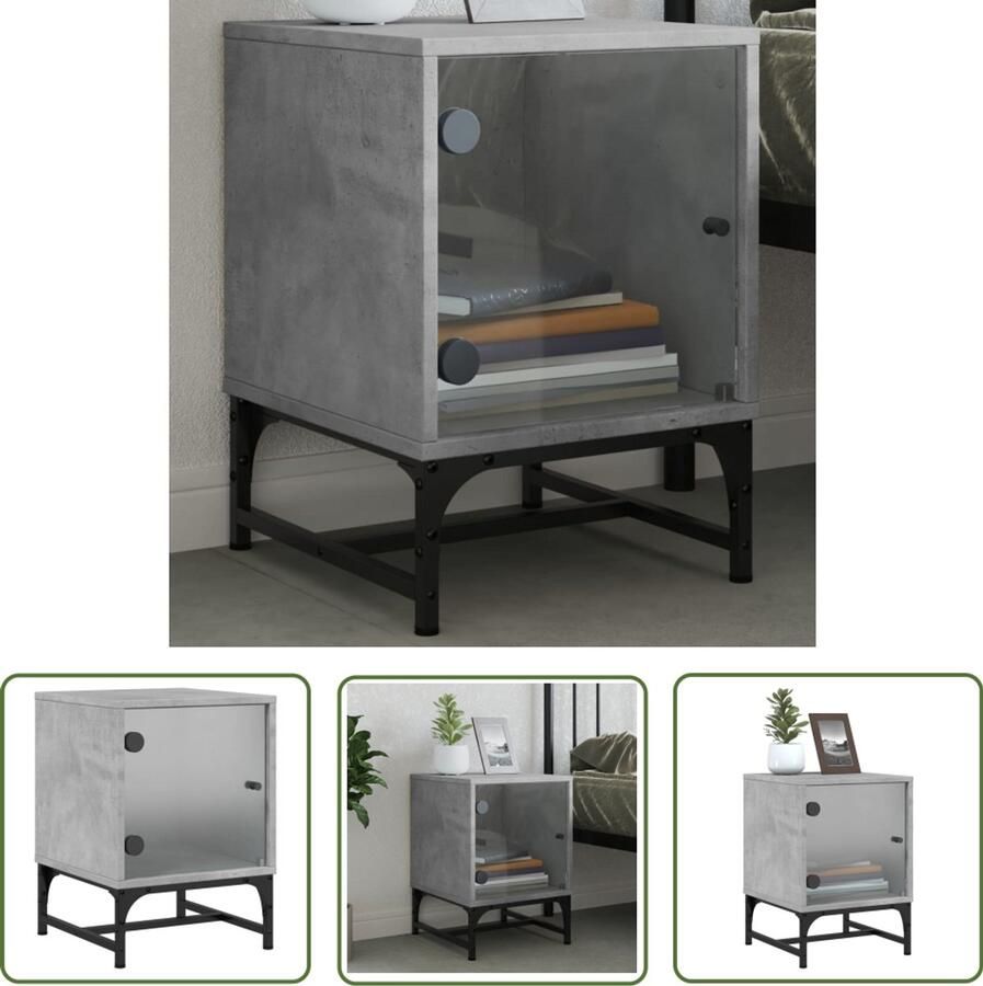 The Living Store Nachtkastje met glazen deur 35x37x50 cm betongrijs Nachtkastje Betonnen Kast Houten Kast Slaapkamer Meubel Side Table