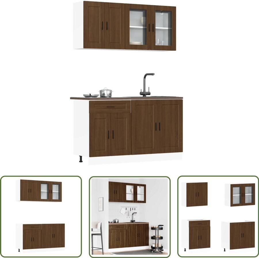 The Living Store 4-delige Keukenkastenset Kalmar bewerkt hout bruin eikenkleur Keuken Kast Set Houten Keukenkasten Bruine Eiken Meubels Opslagoplossing Keuken Koks Accessoires