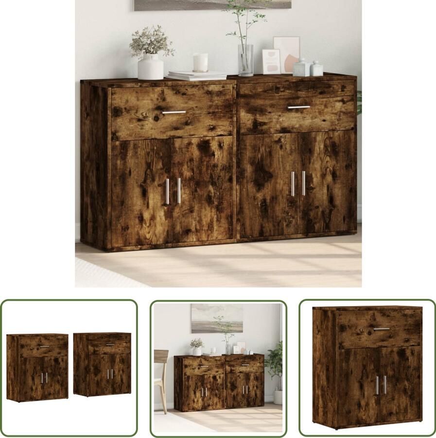 The Living Store Dressoirs 2 st 60x31x70 cm bewerkt hout gerookt eikenkleurig Dressoir Opbergkast Houten Meubel Gerookte Eiken Kleur Salontafel