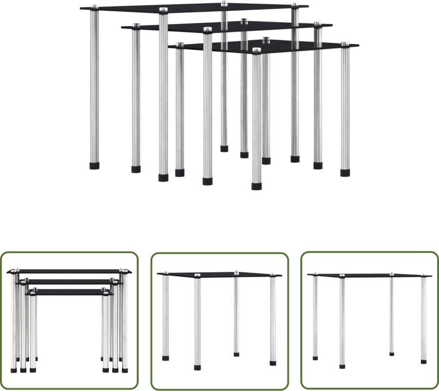 The Living Store Tafeltjes Set Gehard Glas en Aluminium Zwarte Kleur Maten Salontafel Bijzet Tafels Glas Tafels Zwarte Meubelen Aluminum Tafels