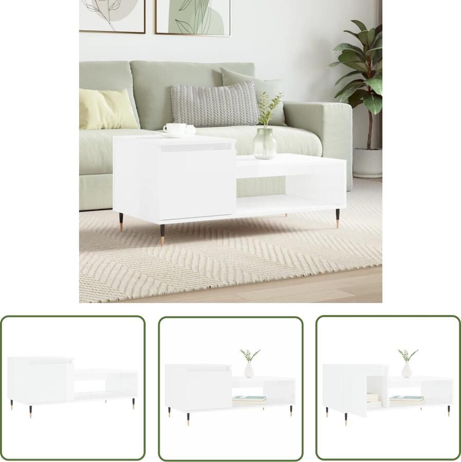 The Living Store Salontafel Trendy Bijzettafel Afmetingen- 100 x 50 x 45 cm Kleur- Hoogglans wit Materiaal- Bewerkt hout en metaal Salontafel Bijzettafel Houten Salontafel Hoogglans Wit Modern Meubilair