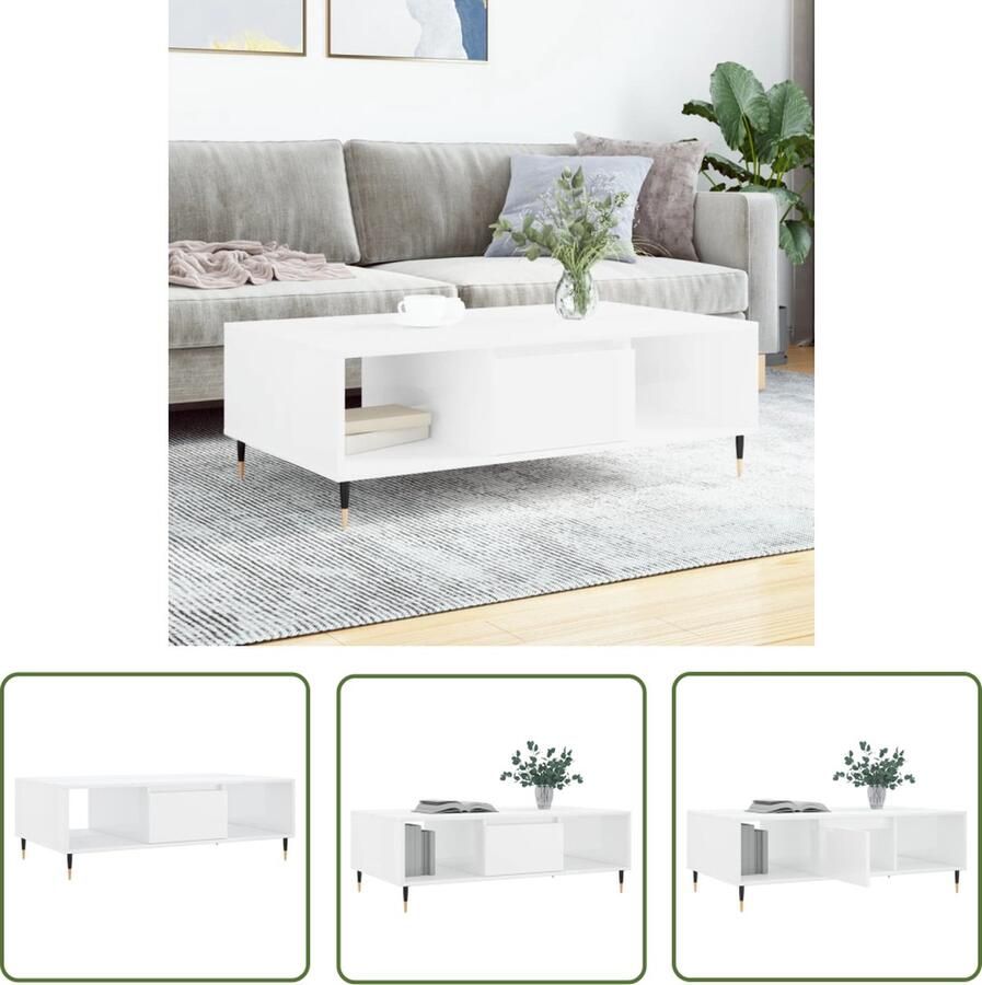 The Living Store Bijzettafel Salontafel 104 x 60 x 35 cm Hoogglans Wit Bewerkt hout en ijzer Salontafel Bijzettafel Houten Salontafel Witte Salontafel Hoogglans Tafellamp