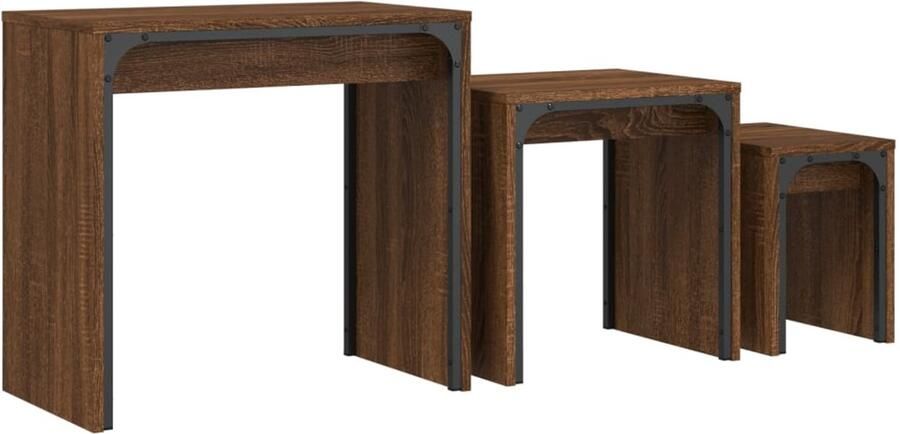 The Living Store 3-delige Tafeltjesset bewerkt hout bruin eikenkleur Salontafel Industrieel Meubilair Houten Salontafel Multifunctioneel Meubel Bijzet Tafels
