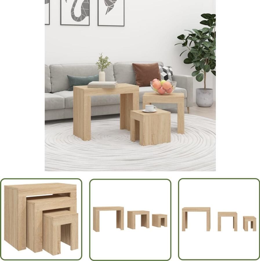 The Living Store 3-delige Tafeltjesset bewerkt hout sonoma eikenkleurig Salontafel Bijzettafel Houten Meubilair Eiken Kleur Multifunctioneel