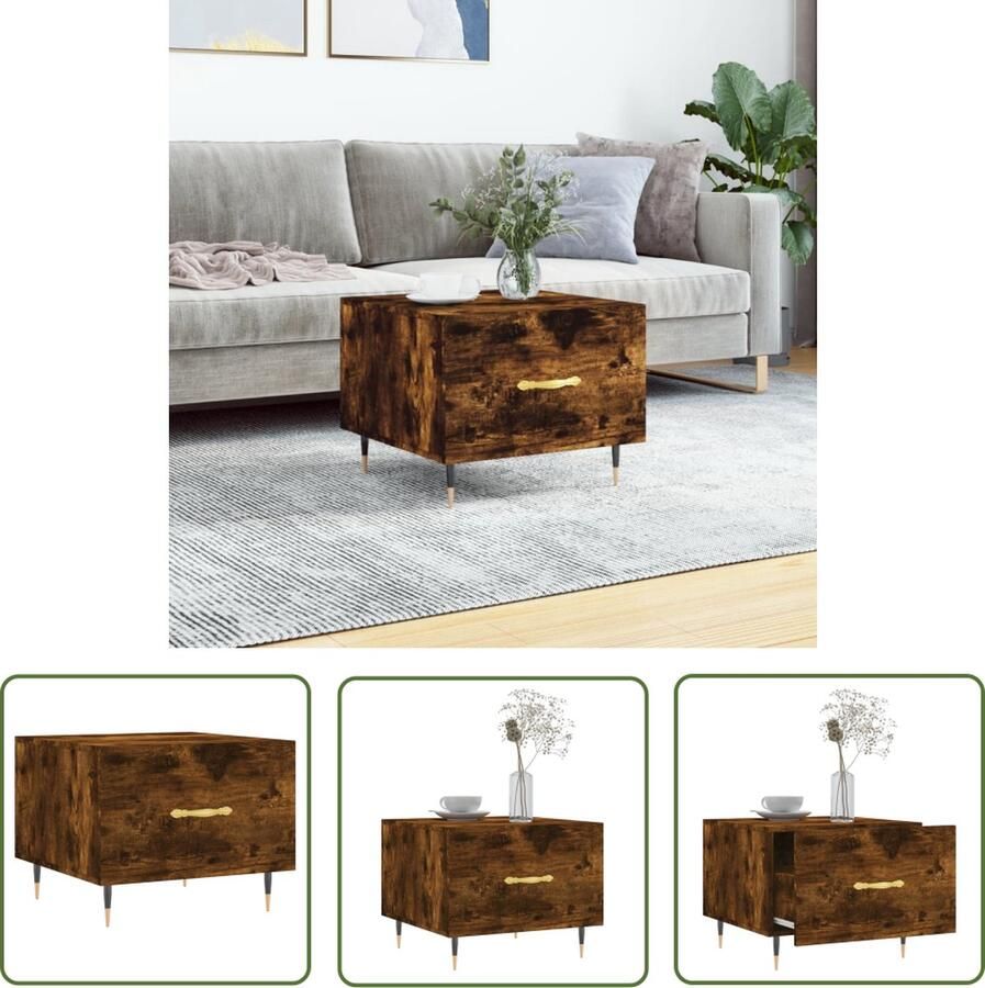 The Living Store Salontafel Gerookt eiken Bijzettafel met lade Stevig tafelblad IJzeren poten 50 x 50 x 40 cm Montage vereist Salontafel Bijzettafel Houten Tafel Eiken Tafel Industrieel Meubilair