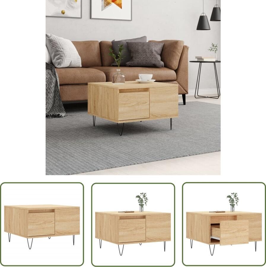 The Living Store Salontafel Sonoma Eiken 55 x 55 x 36.5 cm Duurzaam hout Met lade Stabiel metalen onderstel Salontafel Bijzettafel Houten Salontafel Eiken Salontafel Modern Meubilair
