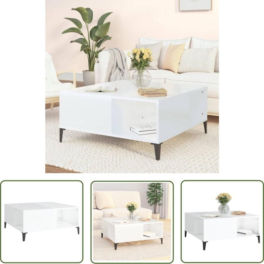 The Living Store Salontafel Bijzettafel met opbergruimte 80 x 80 x 36.5 cm Hoogglans wit Salontafel Bijzettafel Houten Tafel Hoogglans Wit Moderne Tafel