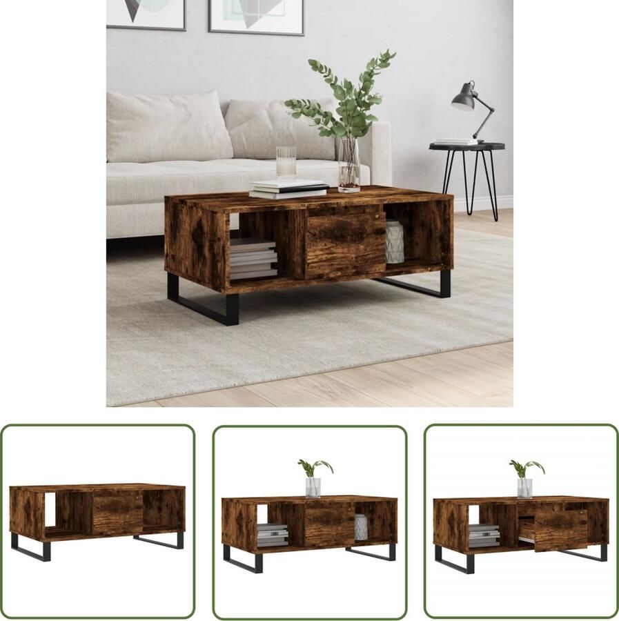 The Living Store Salontafel Gerookt Eiken Bijzettafel met Lade en Metalen Poten 90x50x36.5 cm Salontafel Bijzettafel Houten Tafel Bruine Tafel Modern Meubilair
