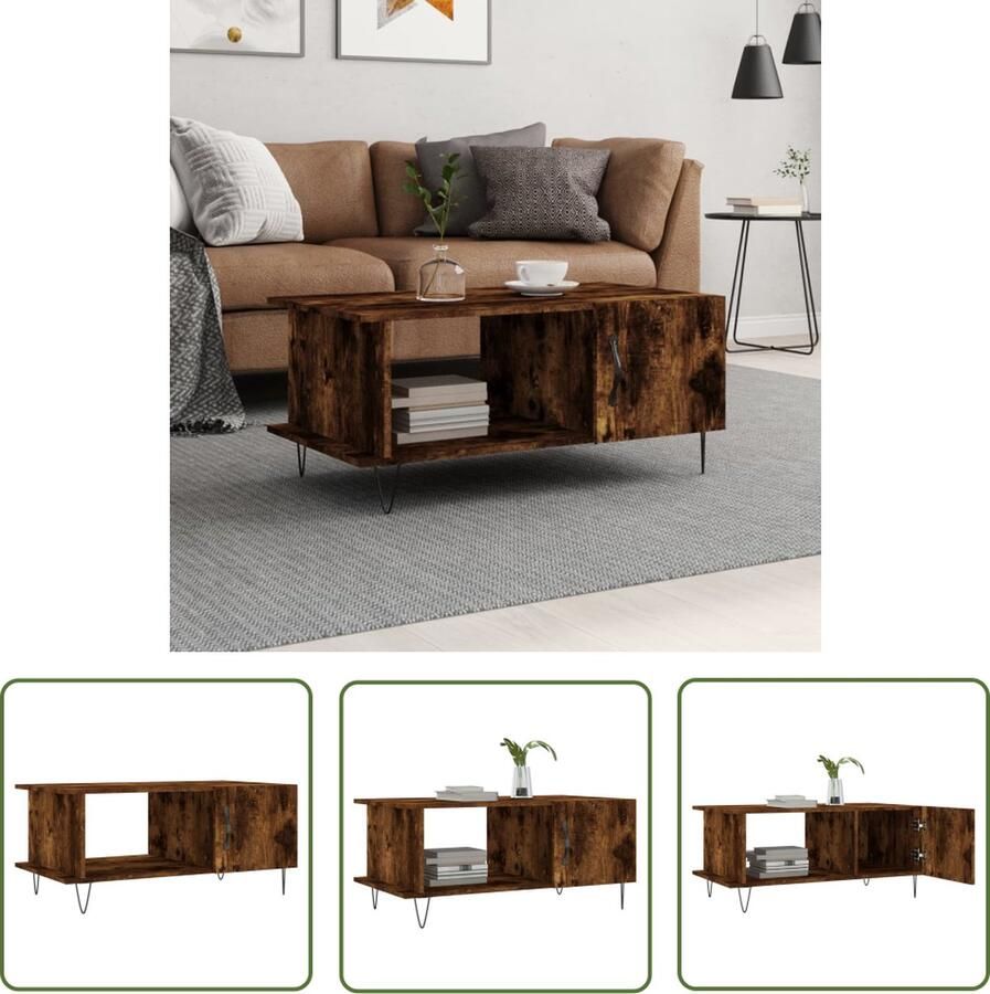 The Living Store Salontafel Gerookt Eiken 90 x 50 x 40 cm Duurzaam 2 Vakken Stevig Tafelblad Praktische Deur IJzeren Poten Salontafel Bijzettafel Houten Salontafel Gerookte Eiken Salontafel Met Lade