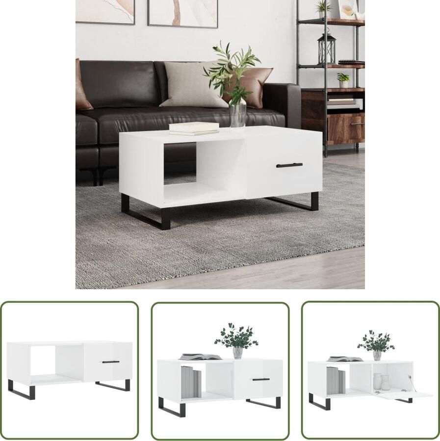 The Living Store Salontafel Hoogglans Wit 90x50x40 cm Bewerkt Hout en Ijzer Salontafel Bijzettafel Houten Salontafel Witte Salontafel Modern Meubilair - Foto 2