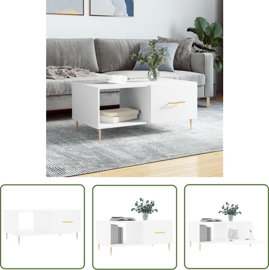 The Living Store Salontafel Banktafel 90 x 50 x 40 cm Wit Bewerkt Hout en IJzer Salontafel Bijzettafel Houten Salontafel Wit Meubilair Salontafel Met Lade