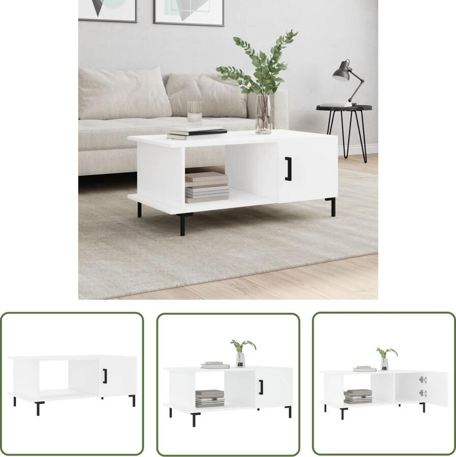 The Living Store Salontafel Elegantie Bijzettafel met opbergruimte Stevig tafelblad Praktische deur IJzeren poten Wit 90 x 50 x 40 cm Salontafel Bijzettafel Houten Salontafel Witte Salontafel Met Opbergruimte