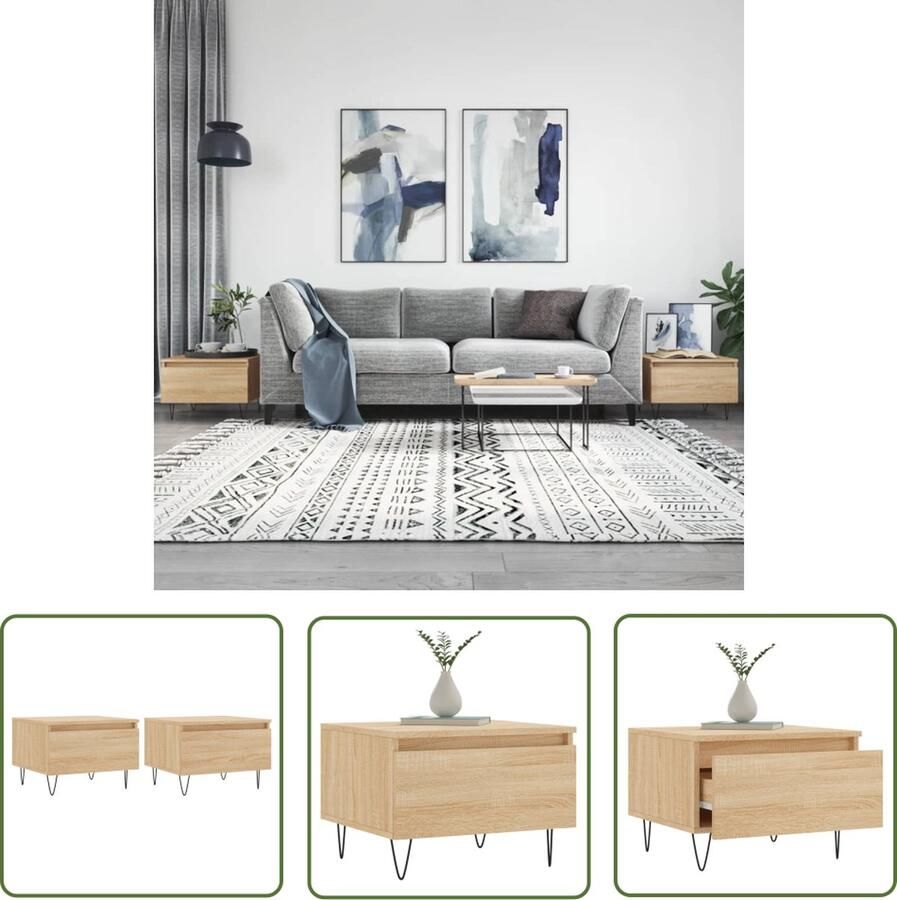 The Living Store Salontafel Sonoma Eiken 50 x 46 x 35 cm Met lade Bewerkt hout en metaal Salontafel Bijzettafel Eiken Meubilair Houtsoort Salontafeltje