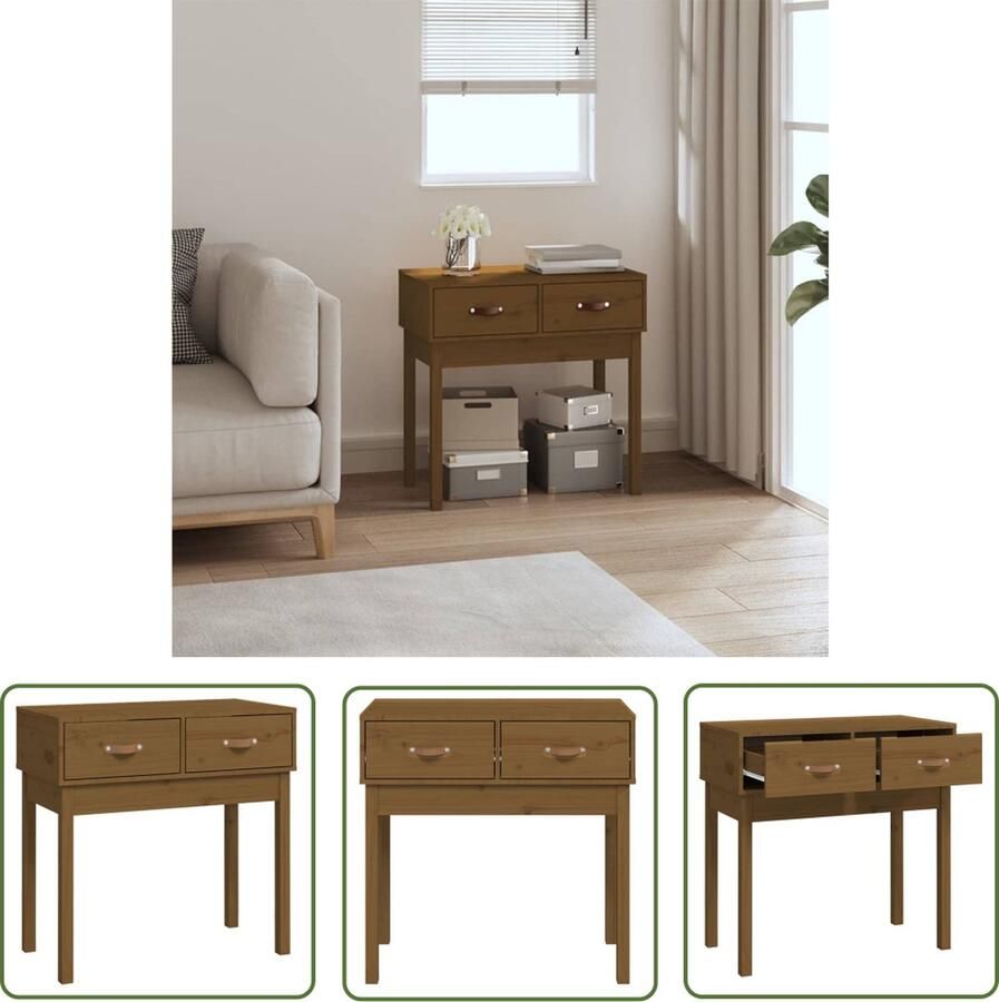 The Living Store Wandtafel Massief Grenenhout Honingbruin 76.5 x 40 x 75 cm 2 lades Decoratief toepassingen Wandtafel Bijzettafel Grenoble Hout Honigbruin Vintage - Foto 2