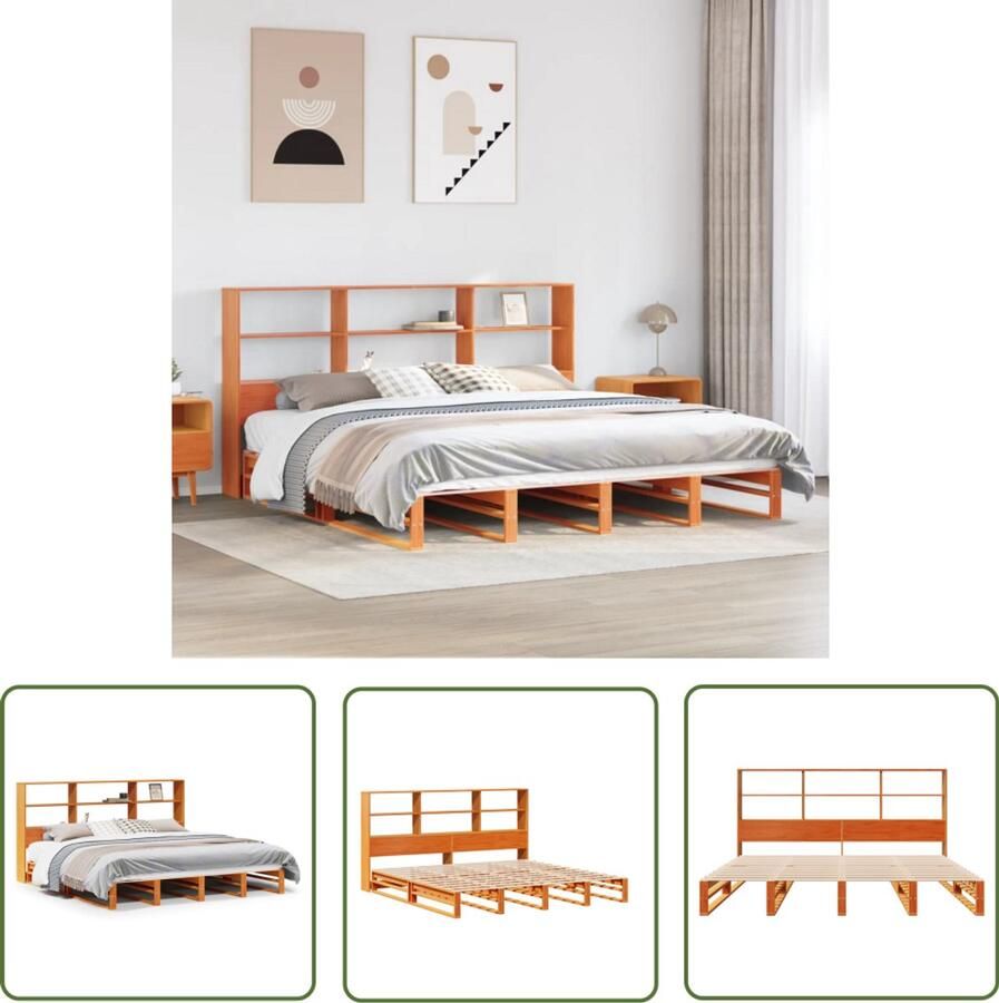VidaXL Bed met boekenkast zonder matras hout wasbruin 180x200 cm Houten Bed Boekenkast Bed Slaapkamers Bed Met Opbergruimte Massief Grenenhout