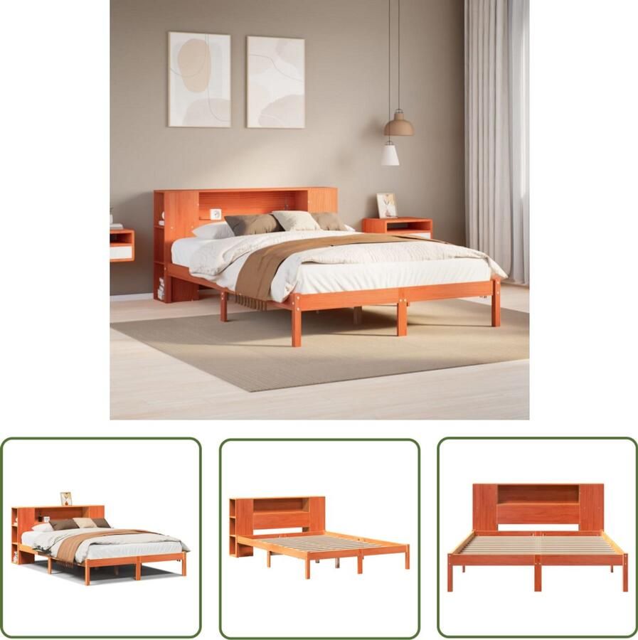 VidaXL Bed met boekenkast zonder matras grenenhout wasbruin 140x190 cm Bed Boekenkast Houten Bed Grenenhout Bed Slaapkamers