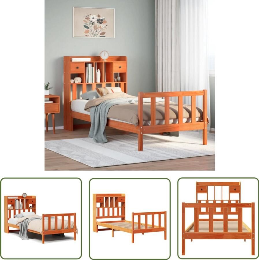 VidaXL Bed met boekenkast zonder matras grenenhout wasbruin 75x190 cm Bed Boekenkast Houten Bed Grenenhouten Bed Tweepersoonsbed