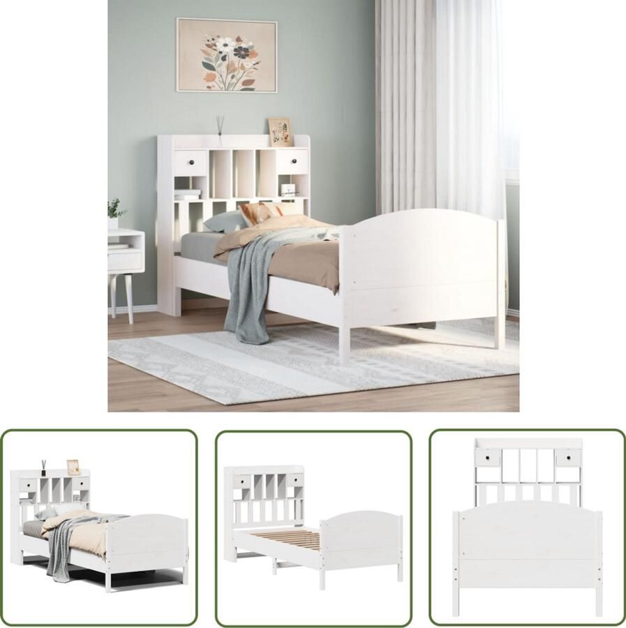 VidaXL Bed met boekenkast zonder matras grenenhout wit 100x200 cm Bed Boekenkast Houten Bed Grenenhouten Bed Tweepersoonsbed