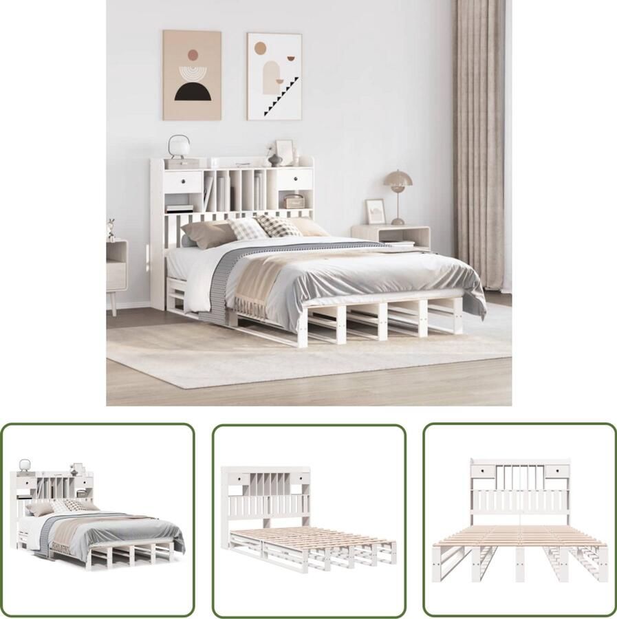 VidaXL Bed met boekenkast zonder matras grenenhout wit 135x190 cm Bed Boekenkast Houten Bed Slaapkamersuite Slaapcomfort