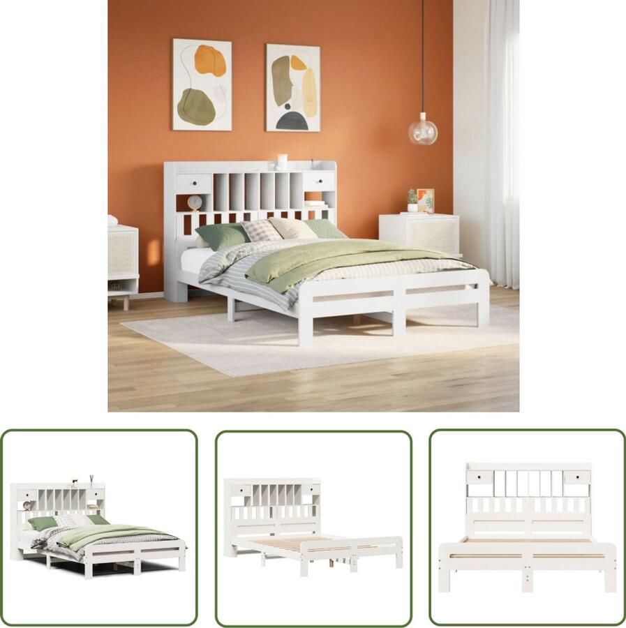 VidaXL Bed met boekenkast zonder matras grenenhout wit 140x200 cm Bed Boekenkast Houten Bed Grenenhouten Bed Tweepersoonsbed