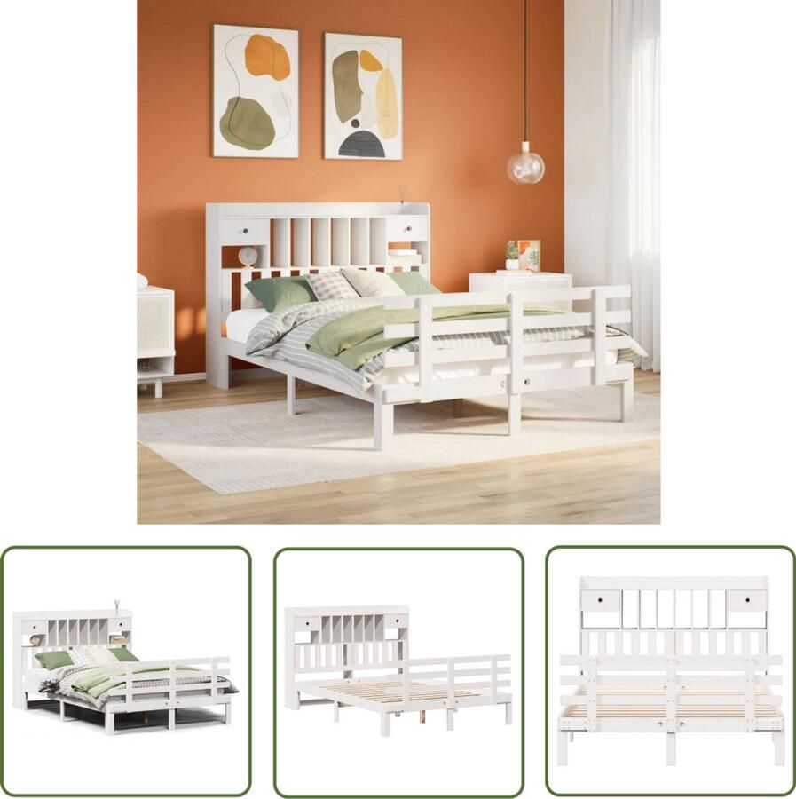 VidaXL Bed met boekenkast zonder matras grenenhout wit 140x200 cm Bed Boekenkast Houten Bed Slaapkamers Grenenhout