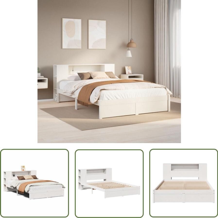 VidaXL Bed met boekenkast zonder matras grenenhout wit 150x200 cm Bed Boekenkast Houten Bed Slaapkamers Grenenhouten Bed