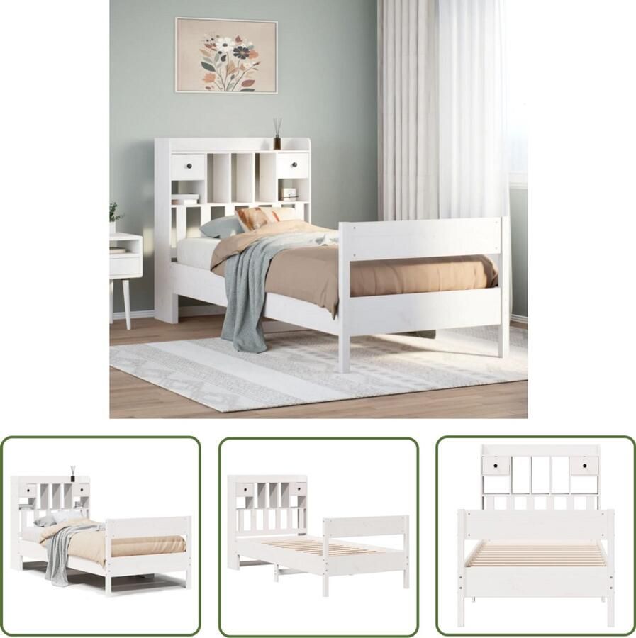 VidaXL Bed met boekenkast zonder matras grenenhout wit 75x190 cm Bed Boekenkast Houten Bed Grenenhout Bed Tweepersoonsbed