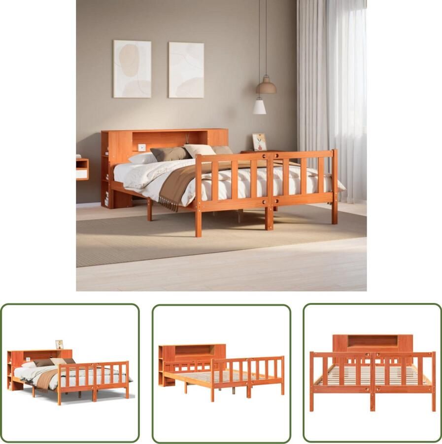 VidaXL Bed met boekenkast zonder matras hout wasbruin 160x200 cm Bed Boekenkast Houten Bed Massief Grenenhout Bed Met Opbergruimte