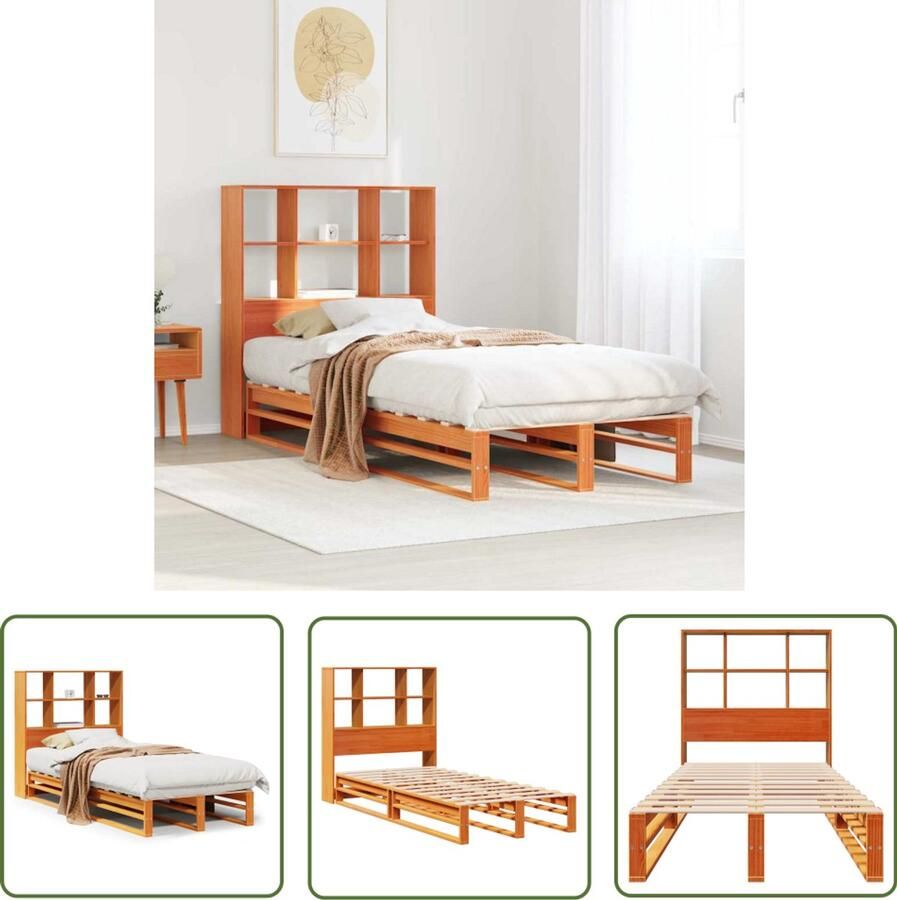 VidaXL Bed met boekenkast zonder matras hout wasbruin 90x190 cm Bed Boekenkast Houten Bed Slaapkamer Massief Grenenhout