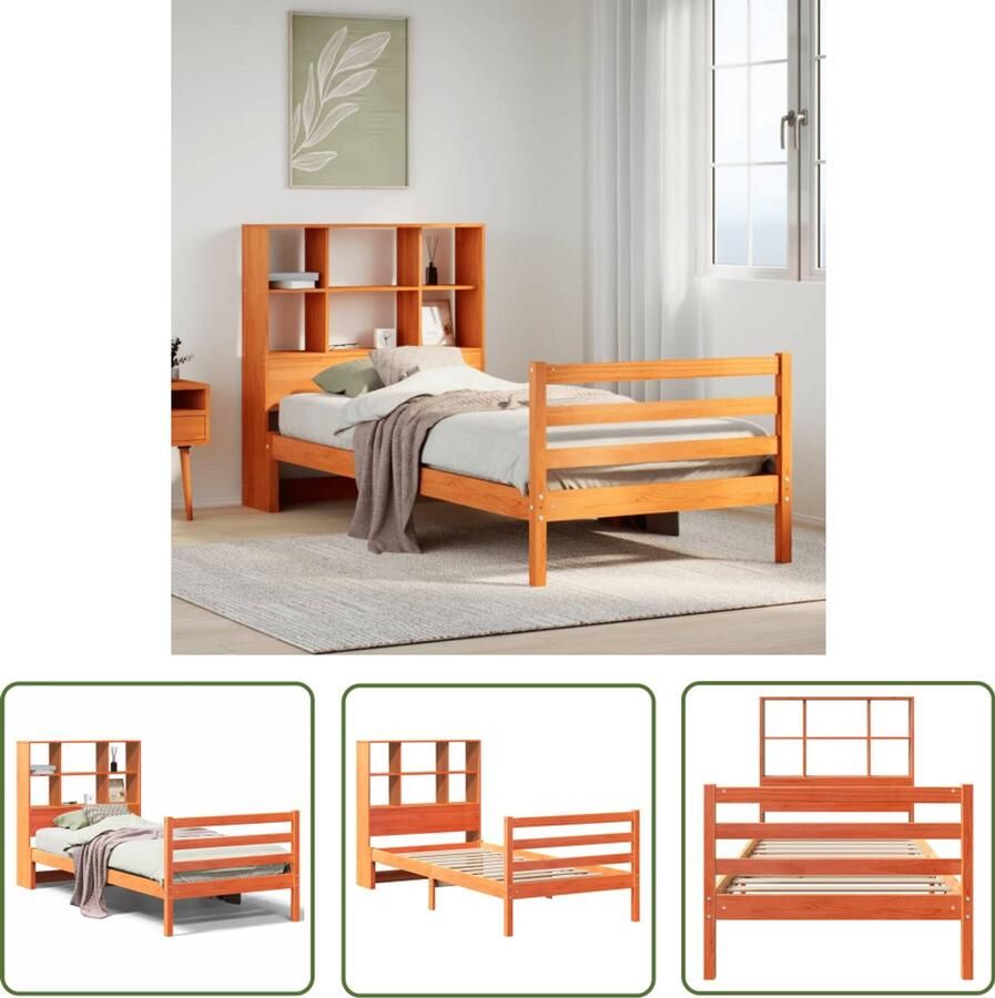 VidaXL Bed met boekenkast zonder matras hout wasbruin 90x190 cm Bed Boekenkast Houten Bed Slaapkamers Massief Grenenhout