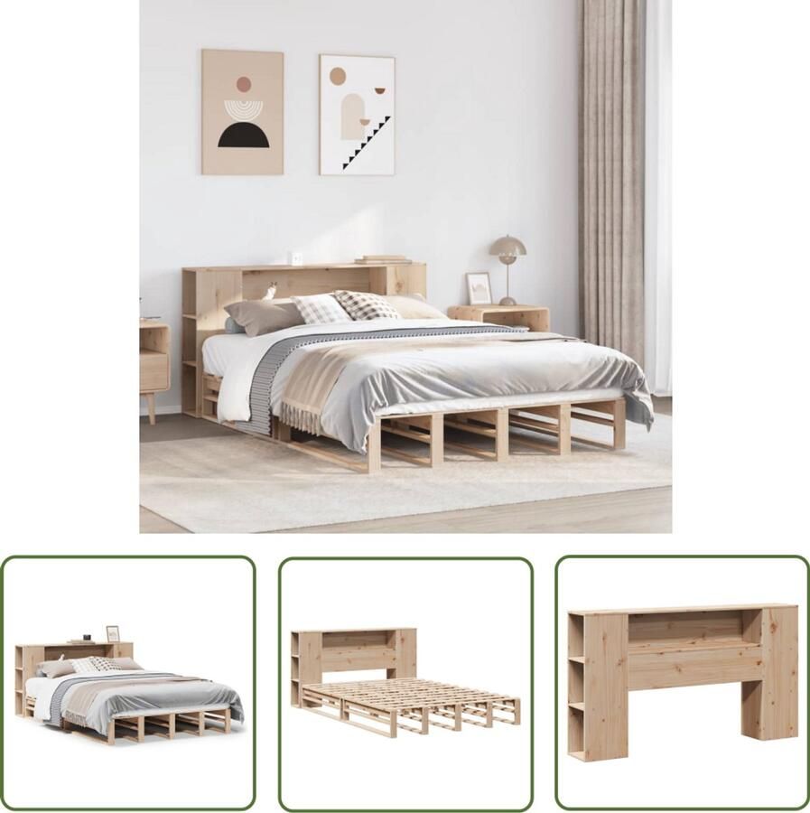 VidaXL Bed met boekenkast zonder matras massief hout 150x200 cm Bed Boekenkast Houten Bed Massief Grenenhout Tweepersoonsbed
