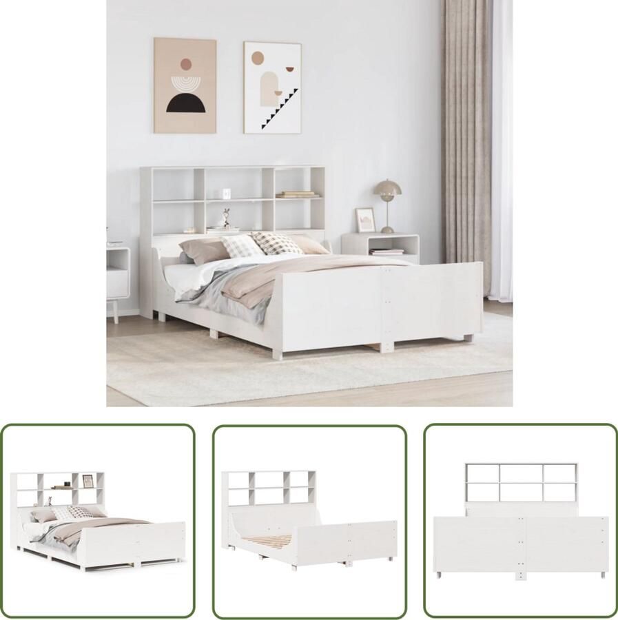 VidaXL Bed met boekenkast zonder matras massief hout wit 140x190 cm Bed Boekenkast Houten Bed Massief Grenenhout Tweepersoonsbed