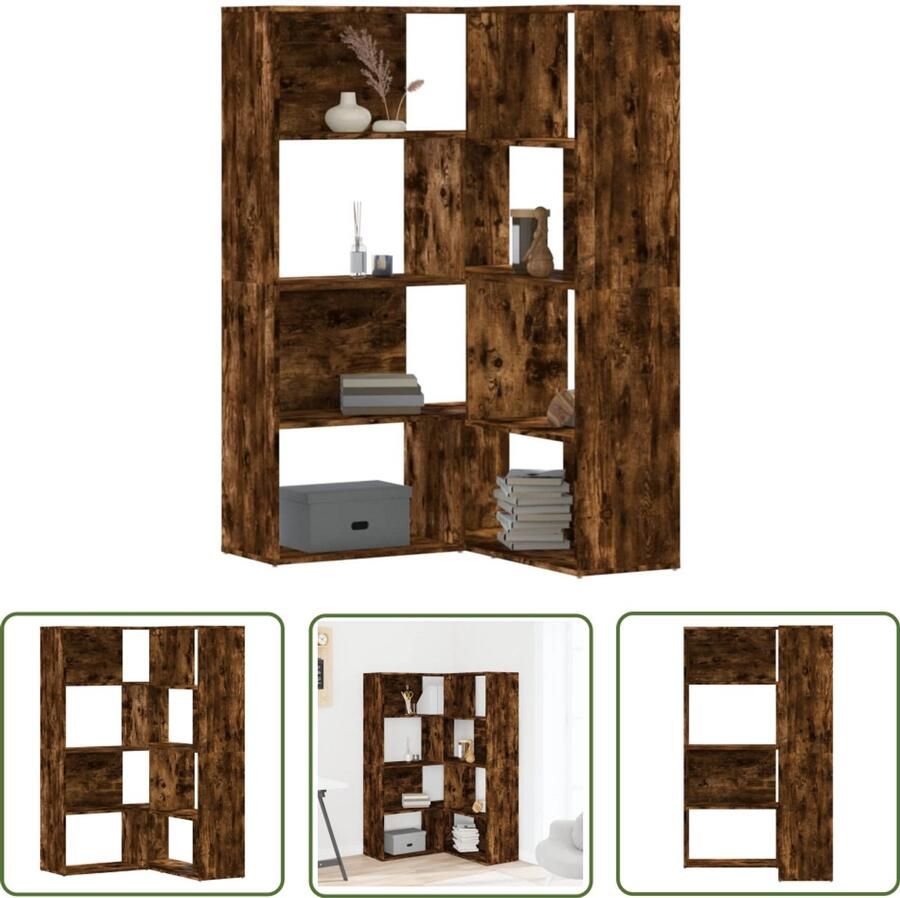 The Living Store Boekenkast 4-laags hoek 85x85x140 cm bewerkt hout gerookt eiken Hoekenkast Boekenkast Hoekoplossing Houten Meubilair Vintage Meubels