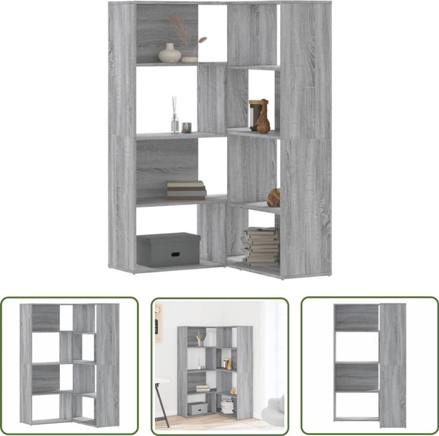 The Living Store Boekenkast 4-laags hoek 85x85x140 cm bewerkt hout grijs sonoma Hoekenkast Boekenkast Grijze Meubels Houten Meubels Winkelkasten