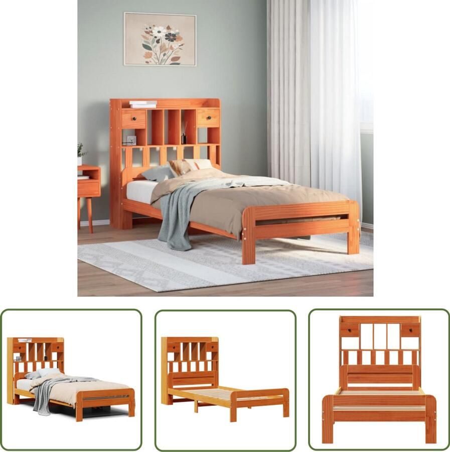 The Living Store Bed met boekenkast zonder matras grenenhout wasbruin 75x190 cm Slaapcomfort Boekenkastbed Houten Bed Tweepersoonsbed Stapelbare Bedden