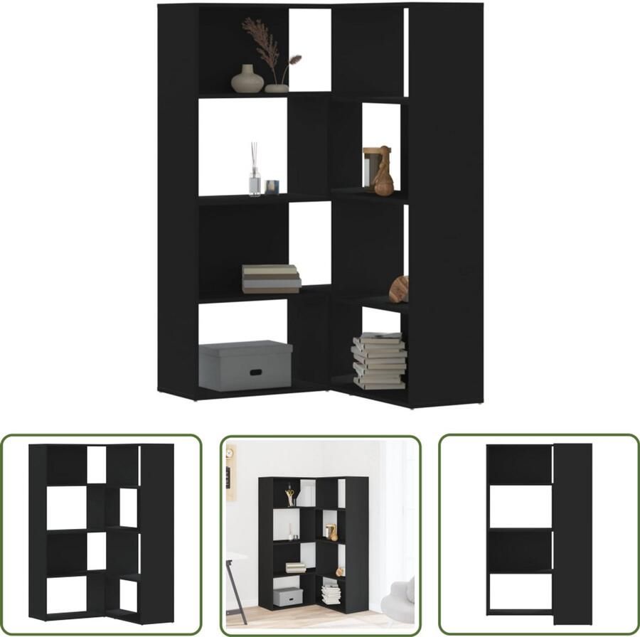 The Living Store Boekenkast 4-laags hoek 85x85x140 cm bewerkt hout zwart Hoekenboekenkasten Boekenkasten Zwarte Boekenkast Houten Boekenkast Compact Boekenrek
