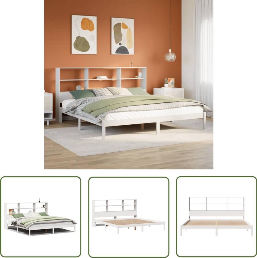 VidaXL Bed met boekenkast zonder matras grenenhout wit 200x200 cm Slaapkamers Boekenkastenbed Houten Bed Grenenhout Bed Tweepersoonsbed