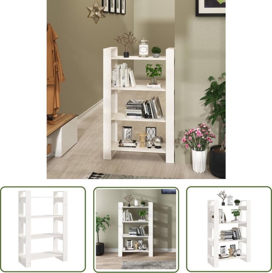 The Living Store Boekenkast kamerscherm 80x35x125 cm massief grenenhout wit Boekenkast Boekenplank Hout Grenenhout Wit - Foto 2