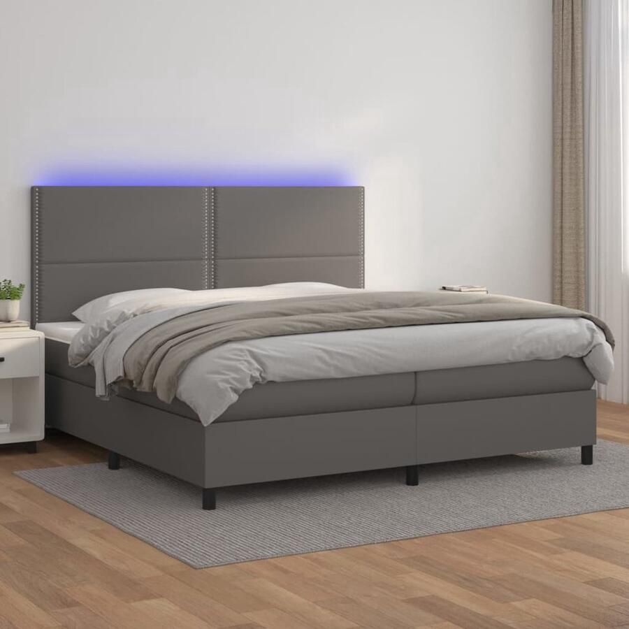 The Living Store Boxspring Bed grijs kunstleer pocketvering matras verstelbaar hoofdbord kleurrijke LED-verlichting huidvriendelijk topmatras Boxspring Bed Boxspring Elektrisch Bed Led Verlichting Slaapcomfort