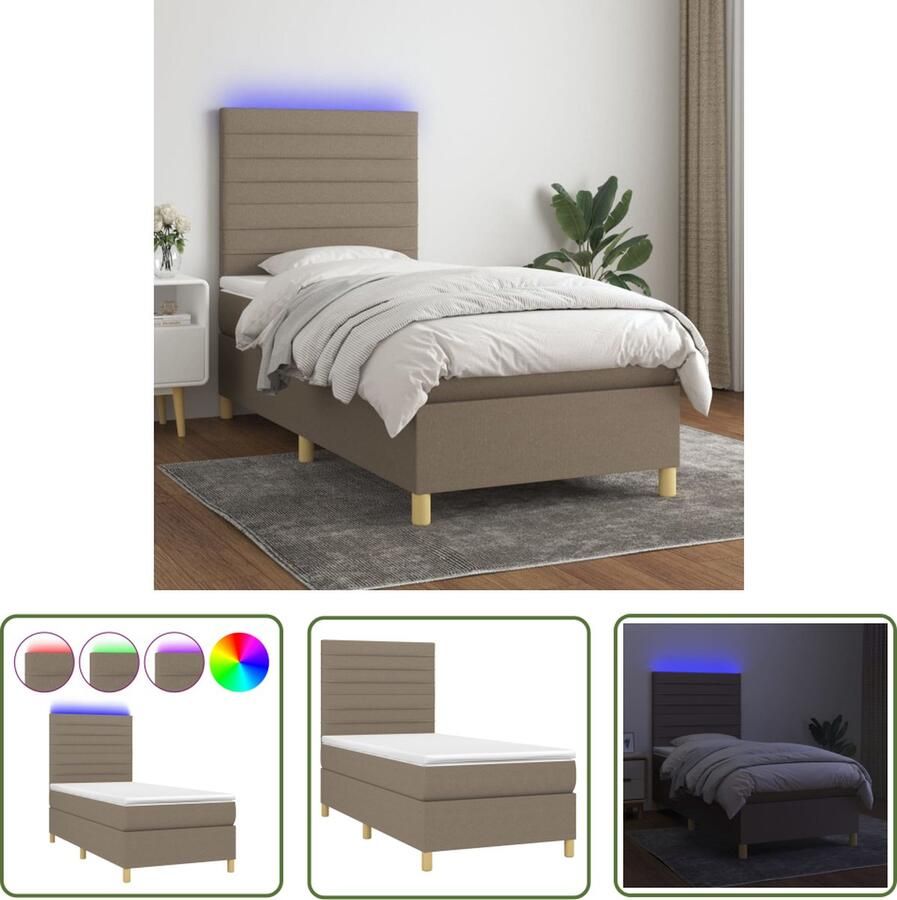 The Living Store Boxspring Bed taupe 203 x 100 x 118 128 cm verstelbaar hoofdbord kleurrijke LED-verlichting pocketvering matras huidvriendelijk topmatras inclusief montagehandleiding