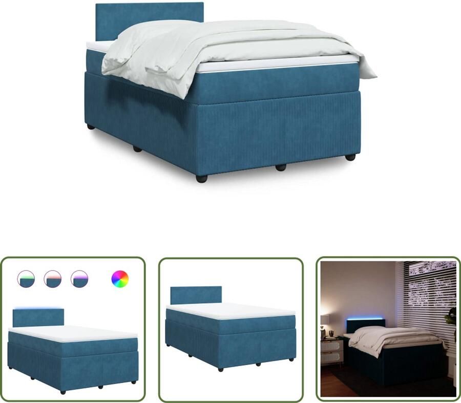 VidaXL Boxspring Bed Boxspring met matras fluweel blauw 120x190 cm Tweepersoonsbed Fluweel Bed Led Lamp