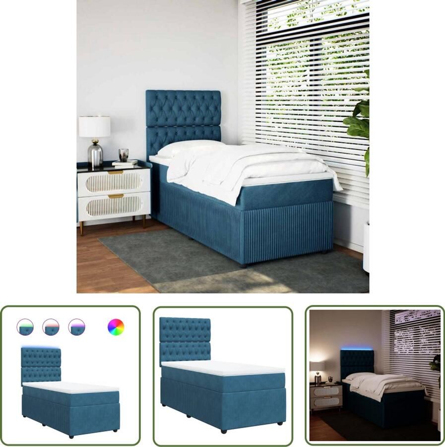 VidaXL Boxspring met matras fluweel blauw 80x200 cm Boxspring Bed Tweepersoons Bed Fluweel Bed Led Verlichting
