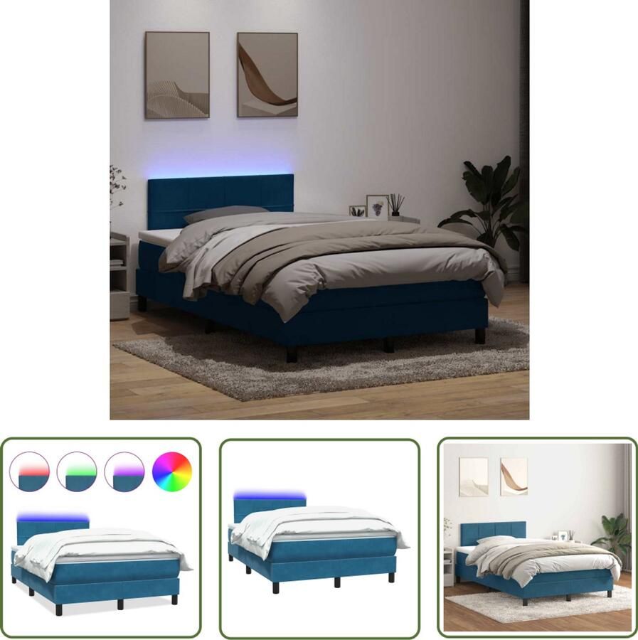 VidaXL Boxspring Bed Boxspring met matras fluweel donkerblauw 120x210 cm Slaapcomfort Lederlook Led Verlichting