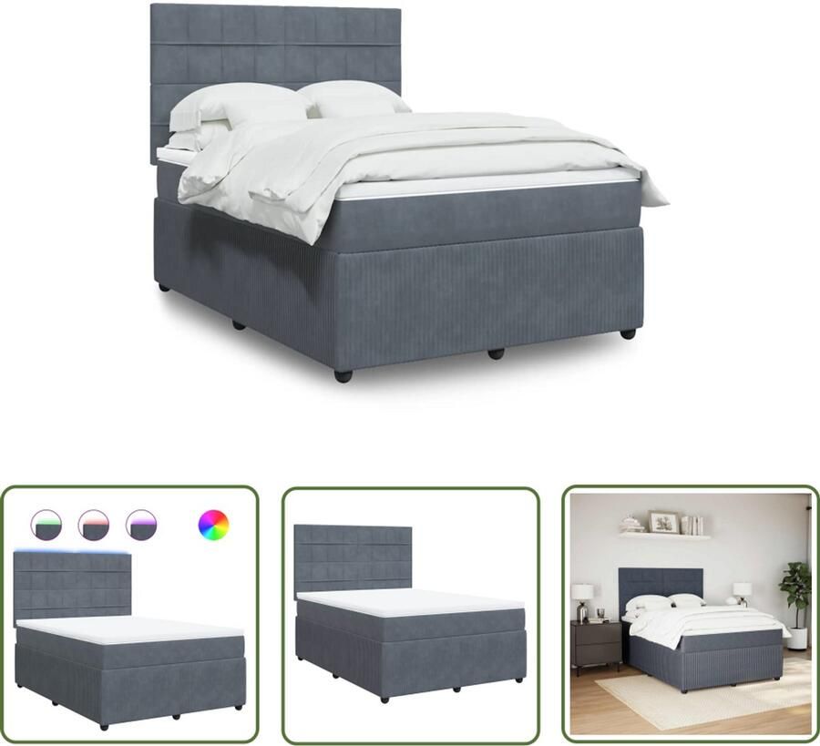 VidaXL Boxspring Bed Boxspring met matras fluweel donkergrijs 140x190 cm Led Verlichting Fluweel Matras