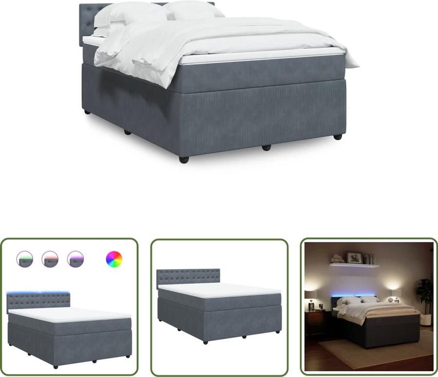 VidaXL Boxspring Bed Boxspring met matras fluweel donkergrijs 140x200 cm Fluweel Bed Dark Grey Bed Led Verlichting