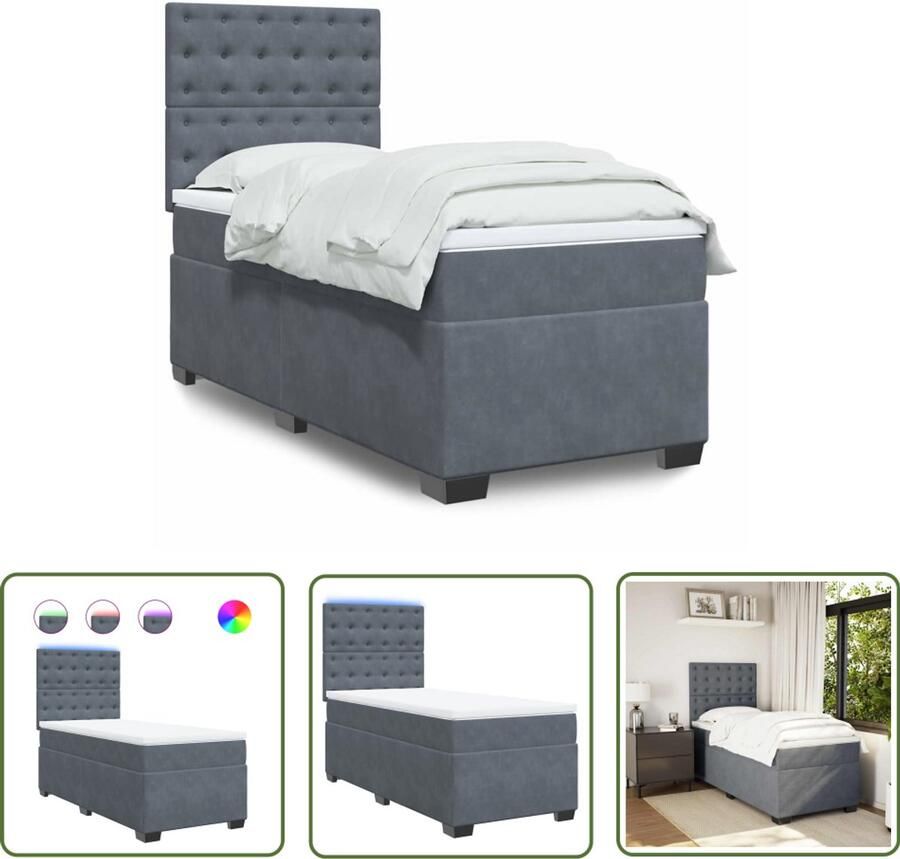 VidaXL Boxspring Bed Boxspring met matras fluweel donkergrijs 90x200 cm Tweepersoons Bed Donkere Boxspring Led Boxspring