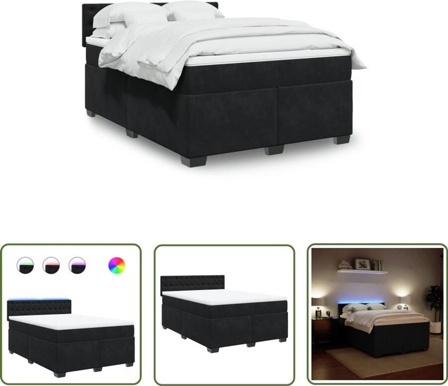 VidaXL Boxspring met matras fluweel zwart 140x190 cm Boxspring Bed Fluweel Bed Zwarte Boxspring Led Boxspring