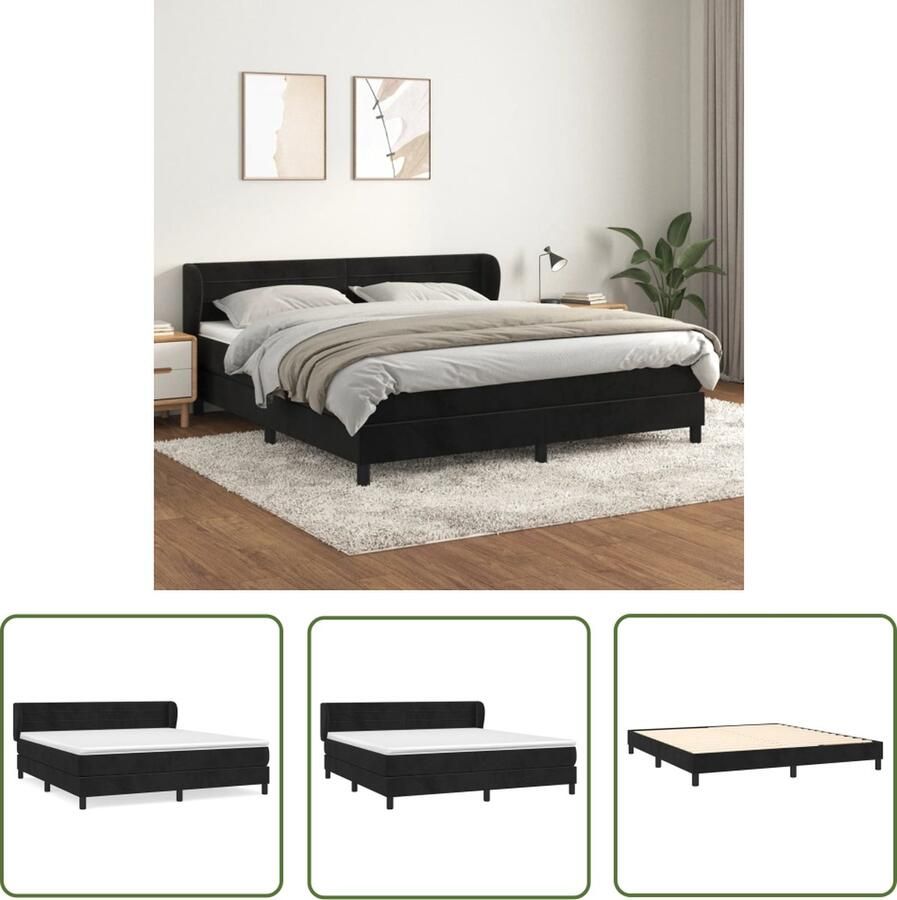 The Living Store Boxspring bed zwart fluweel 203 x 163 x 78 88 cm Pocketvering matras middelharde ondersteuning huidvriendelijk topmatras Boxspring Bed Boxspring Fluweel Bed Zwarte Boxspring Tweepersoons Bed