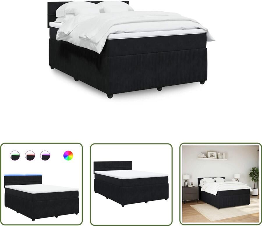 VidaXL Boxspring Bed Boxspring met matras fluweel zwart 160x200 cm Tweepersoonsbed Led Verlichting Fluweel